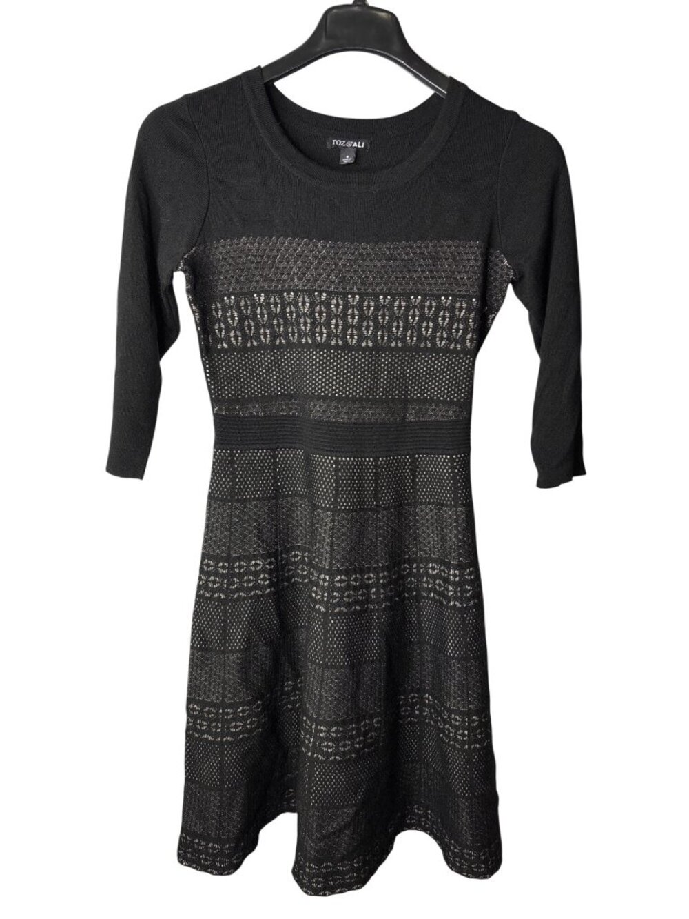 Roz & Ali Womens Fit & Flare Midi Sweater Dress S Black Beige Printed Striped